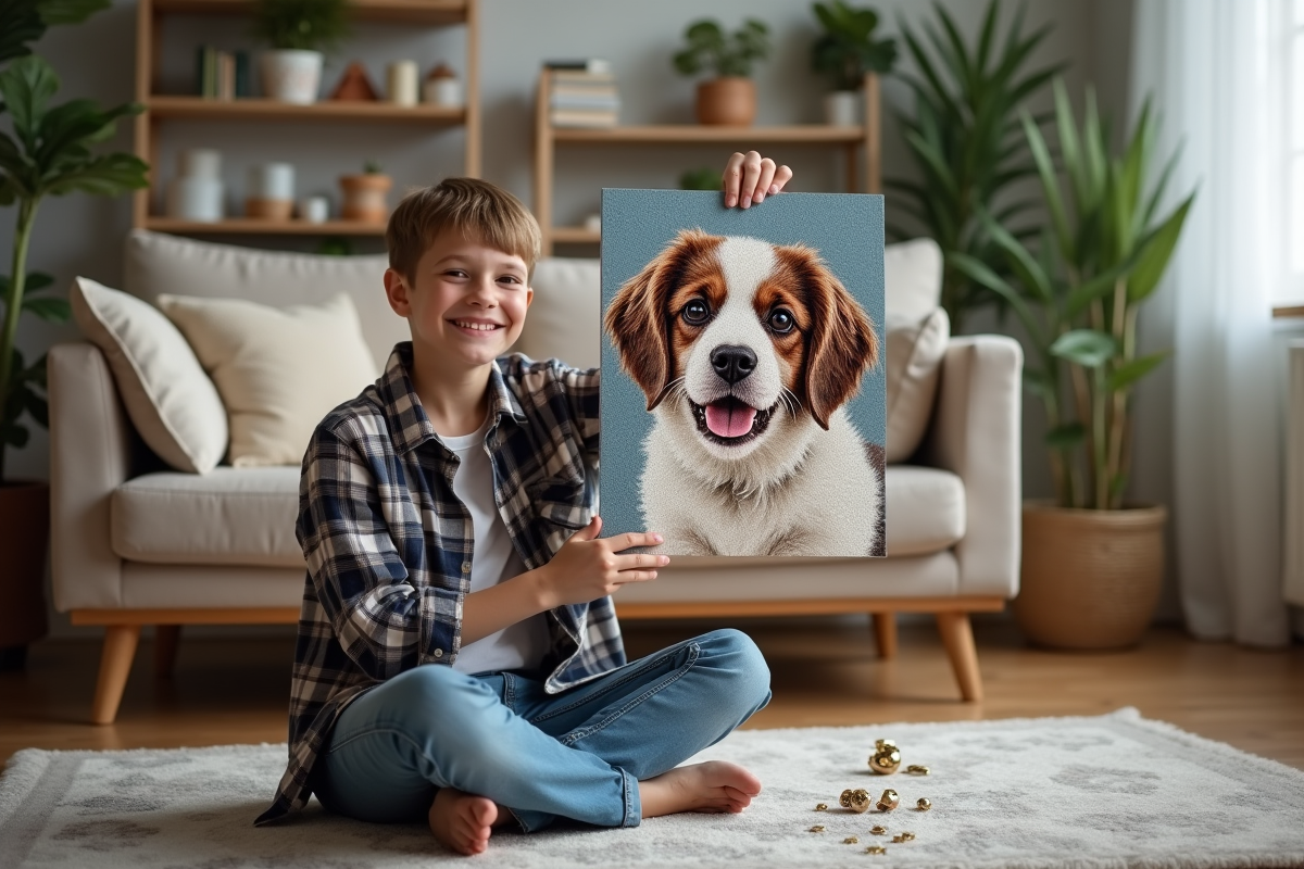 Adolescent fiere montrant son tableau de diamants dans le salon