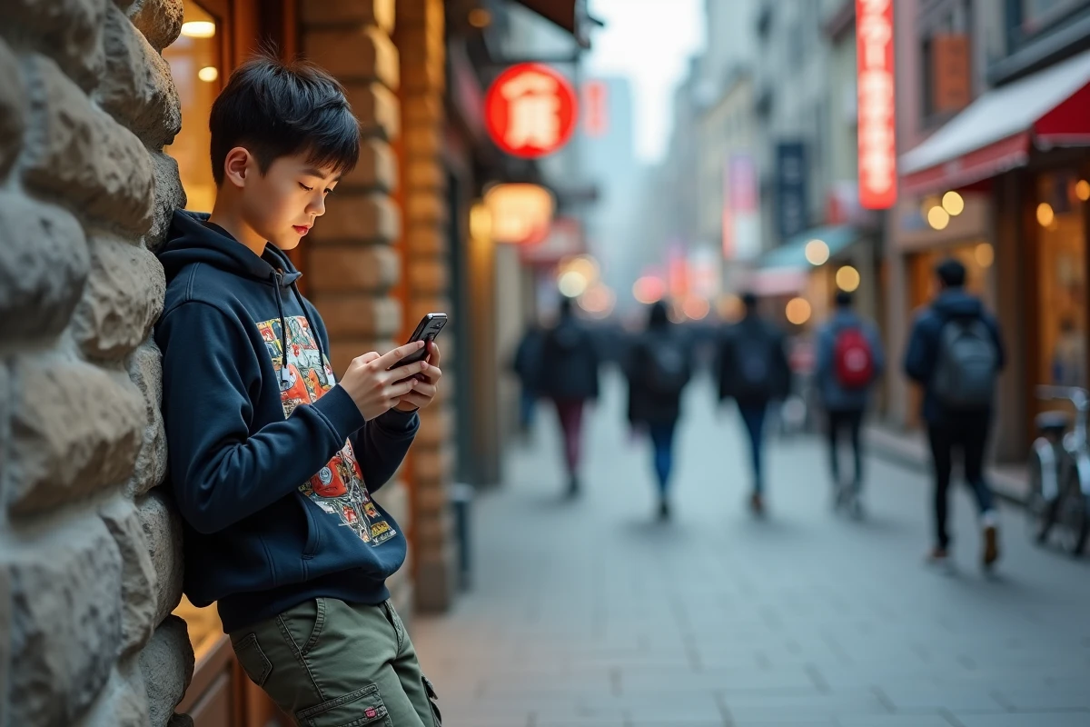 Adolescent lisant manga sur son smartphone devant un café animé