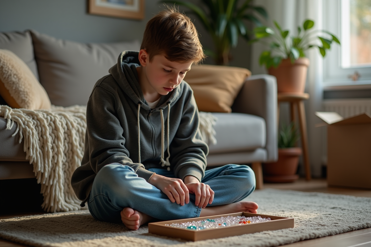 Adolescent concentré sur sa peinture diamant dans le salon