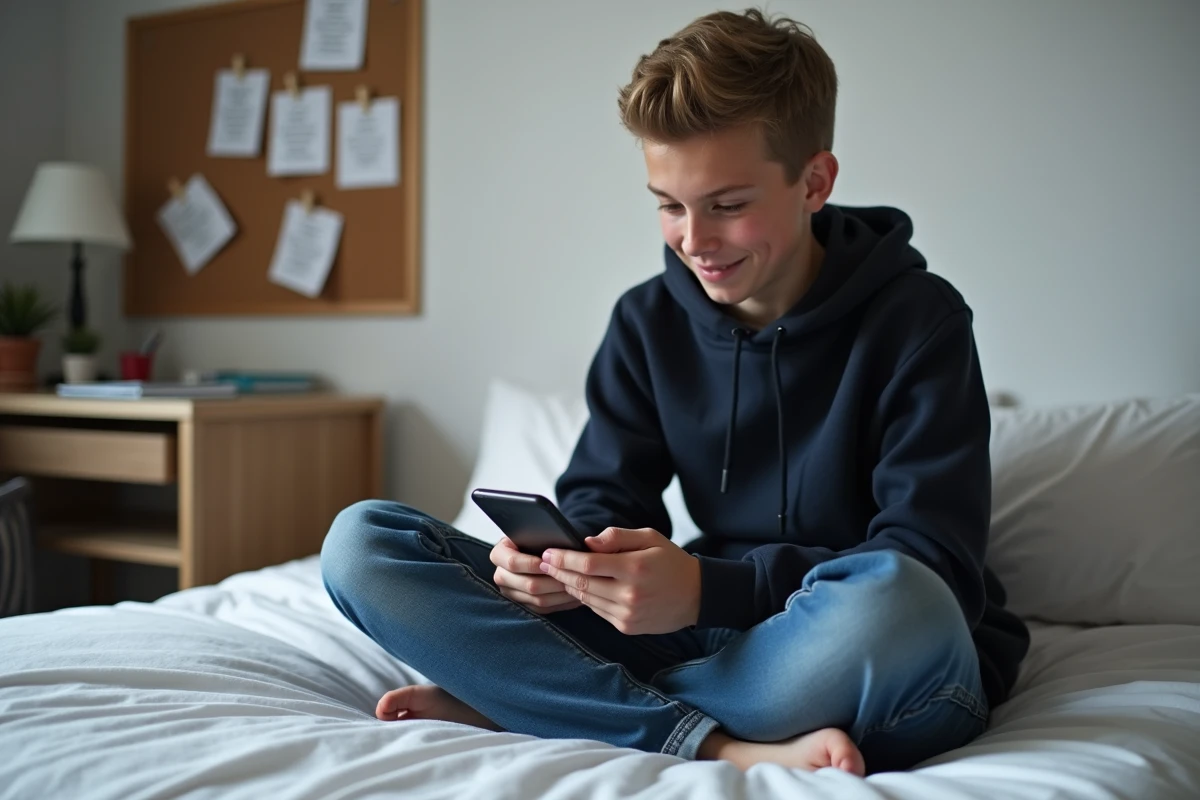 Adolescent utilisant une application de jeu pour réviser le vocabulaire français sur smartphone dans sa chambre