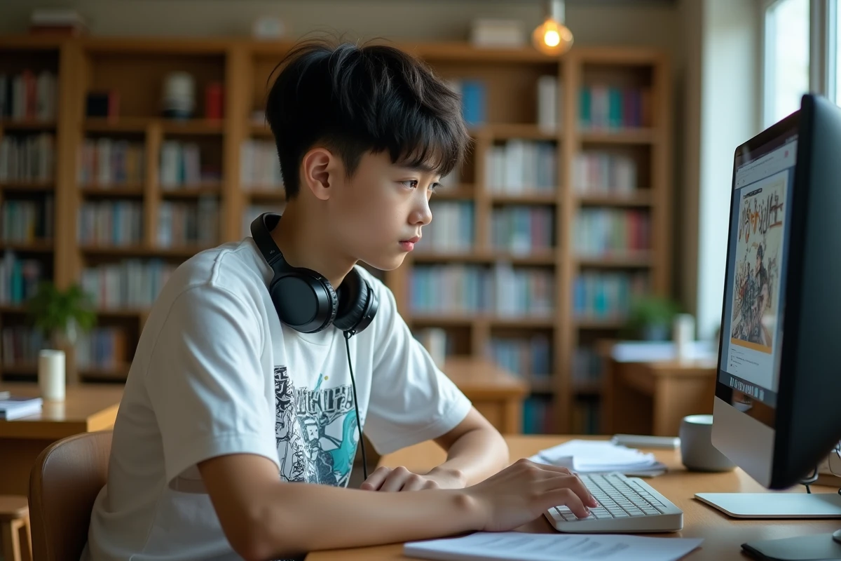 Adolescent cherchant des sites alternatifs à Crunshy pour lire des scans manga sur ordinateur en bibliothèque