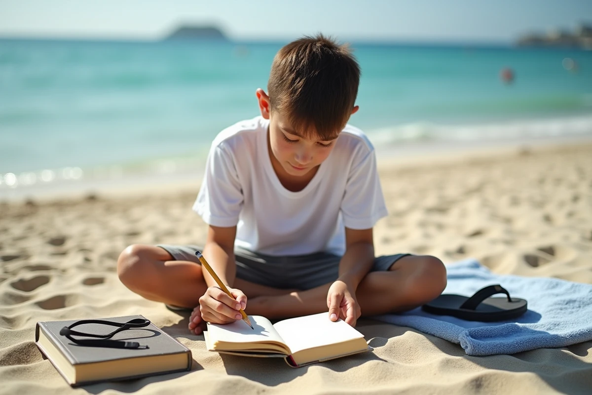 Adolescent révisant l'orthographe dans un carnet posé sur une plage ensoleillée