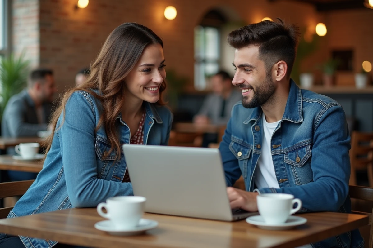 Deux adultes révisant le français ensemble sur un ordinateur portable dans un café avec l'application Cedentix