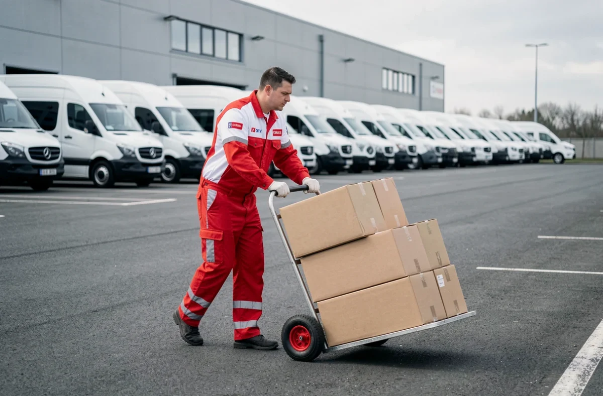 Déménageur AGD Déménagement Sens avec un diable chargé de cartons devant un entrepôt