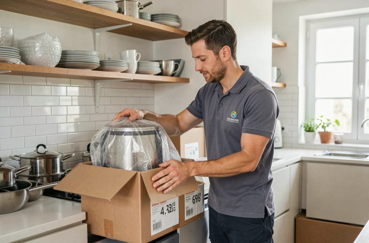Déménageur AGD emballant des appareils électroménagers dans un appartement moderne
