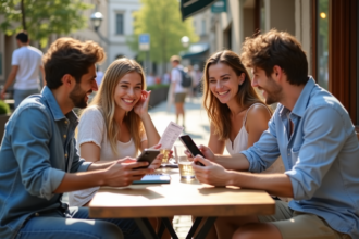 Quatre amis souriants discutant de dépenses en terrasse