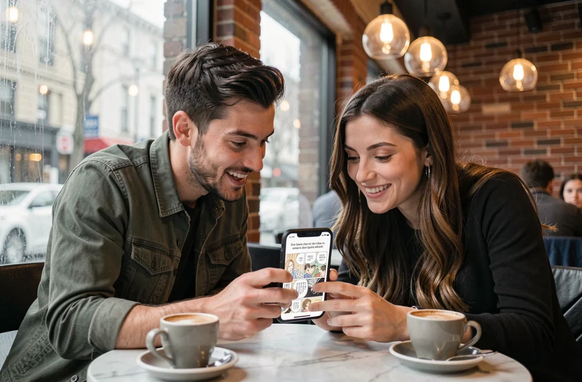 Deux amis lisant ensemble des scans de manga en version française sur un smartphone dans un café urbain contemporain