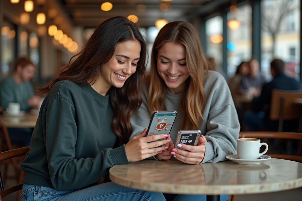 Deux amis partageant un lien de dés gratuits Monopoly Go dans un café