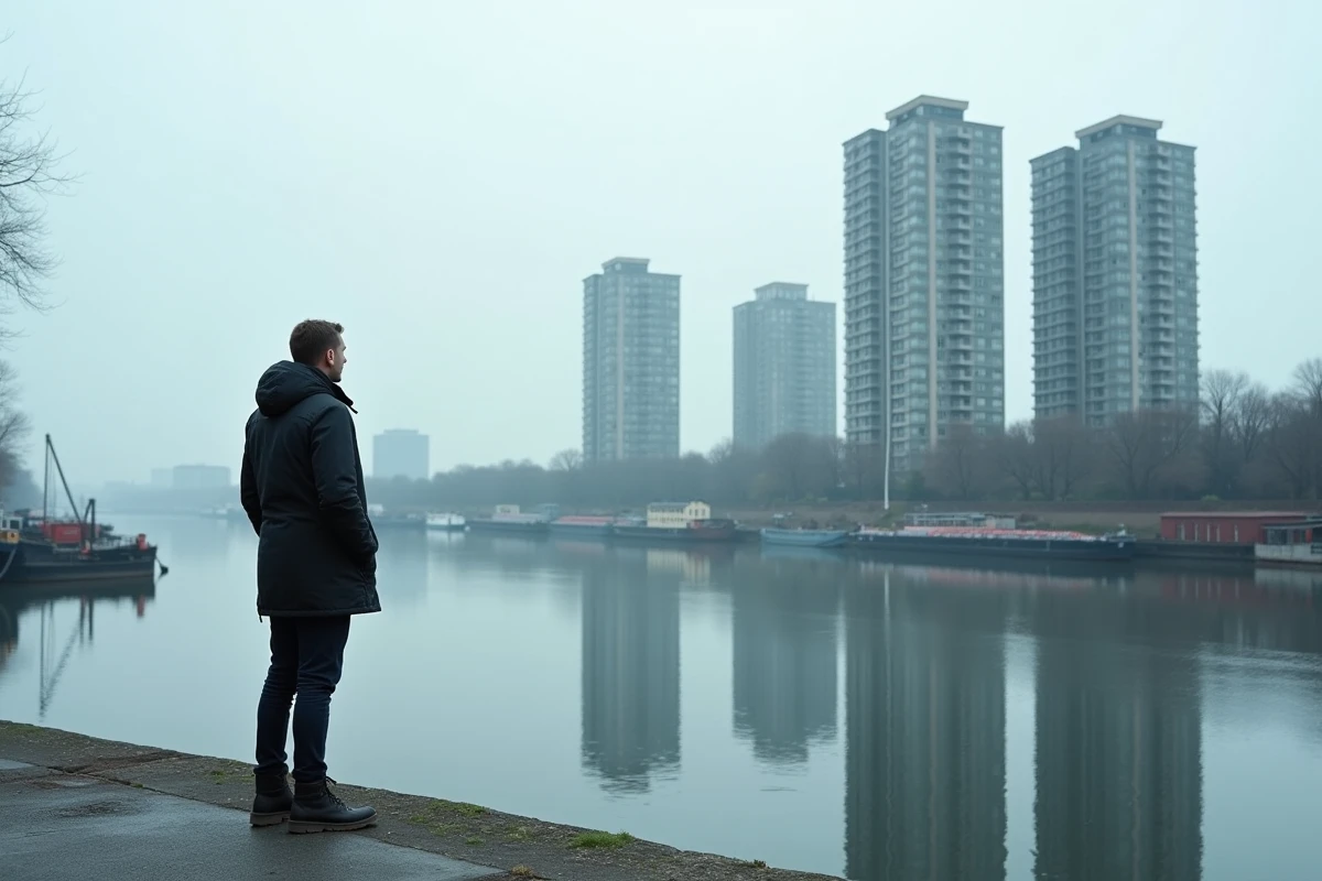 Berges de la Seine à Argenteuil avec des tours d'appartements préfabriquées se reflétant dans le fleuve gris