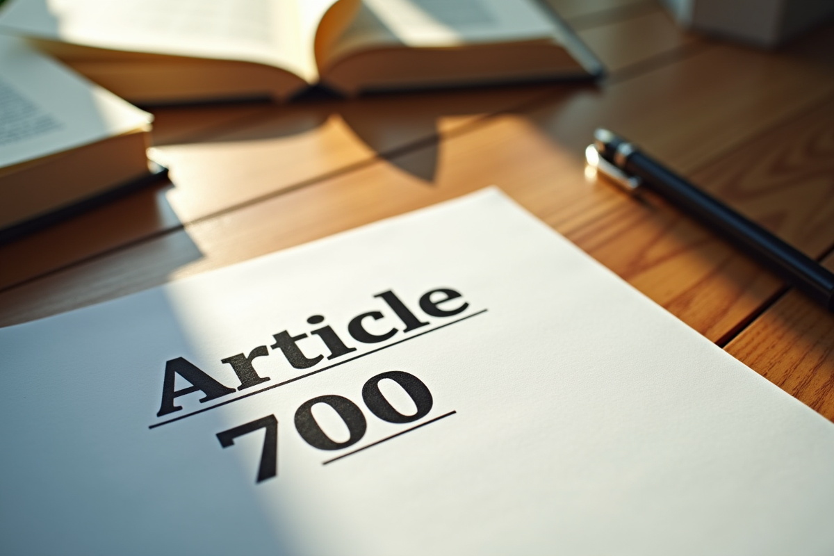 Document Article 700 sur un bureau en bois avec stylo et livre de droit