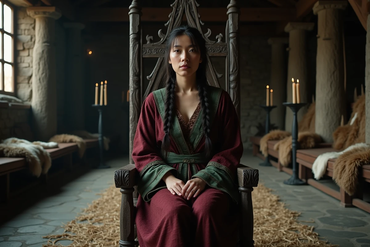 Femme viking noble assise sur un trône dans une grande salle médiévale nordique, évoquant le personnage d'Aslaug reine et épouse de Ragnar Lothbrok