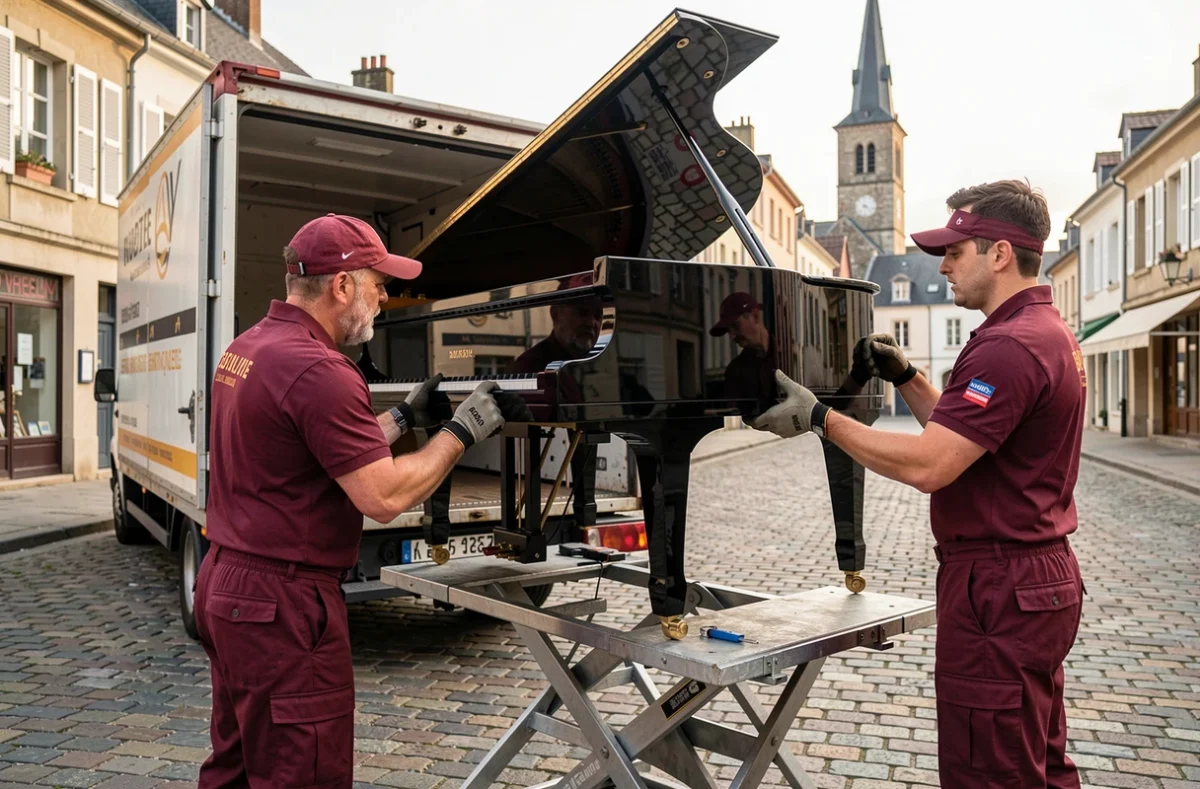 Équipe Auboise De Déménagements chargeant un piano sur camion dans une ville de l'Aube