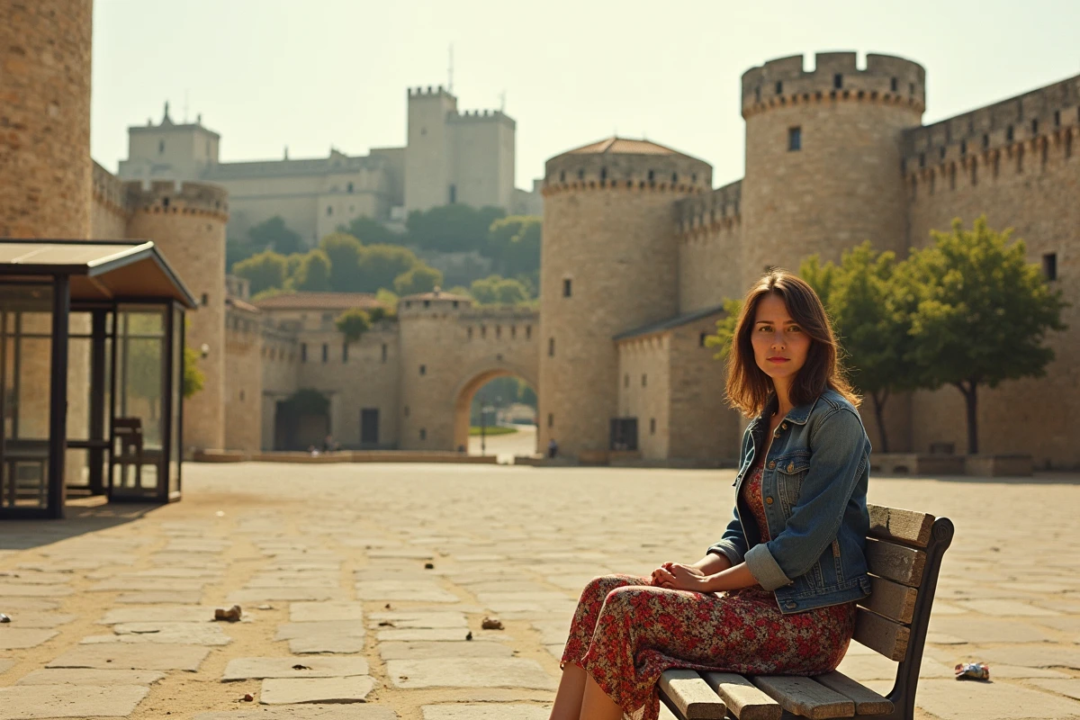 Les remparts historiques d'Avignon avec le Palais des Papes en arrière-plan et une place publique usée au premier plan