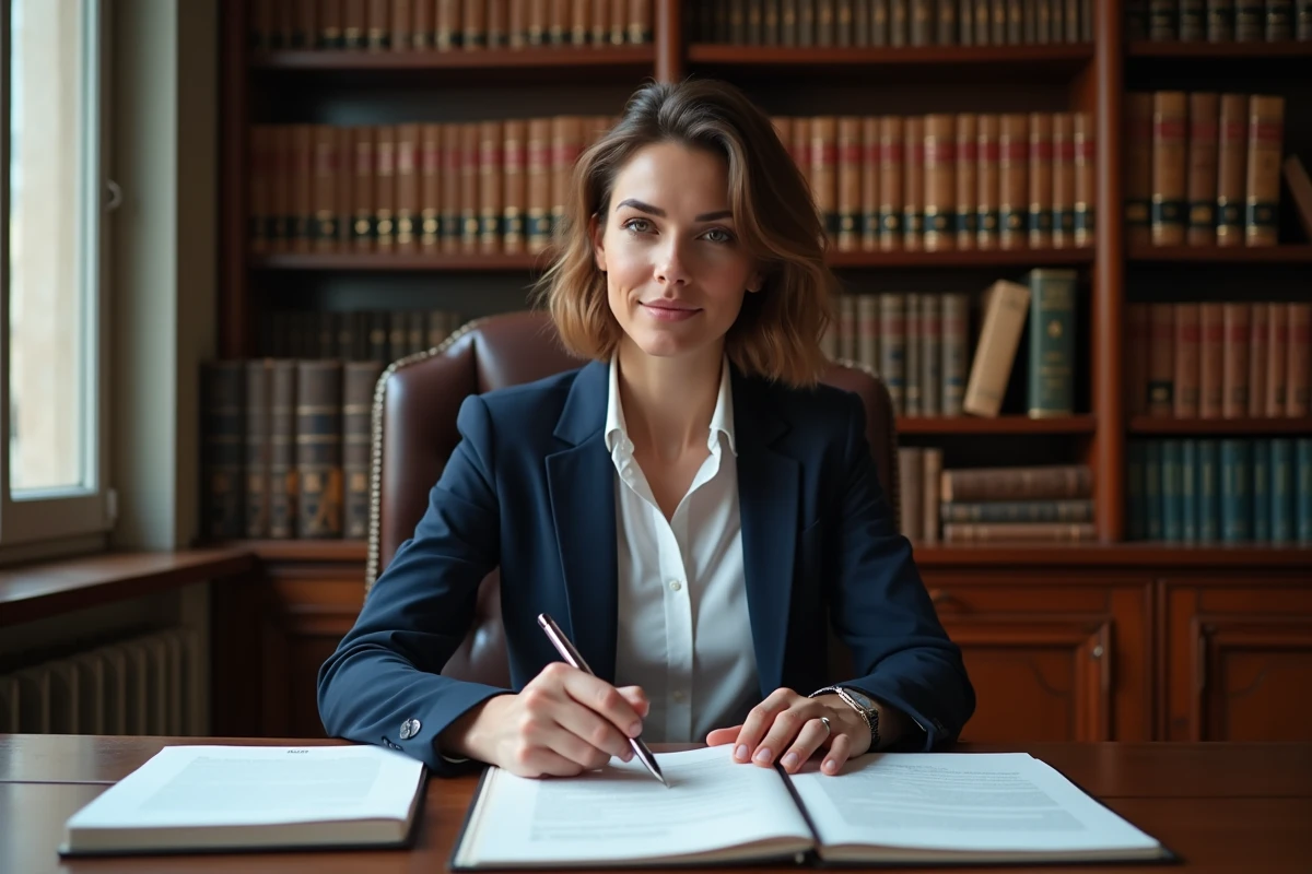 Avocate consultant le Code civil français à son bureau, illustrant l'article 544 et le cadre légal des troubles anormaux de voisinage