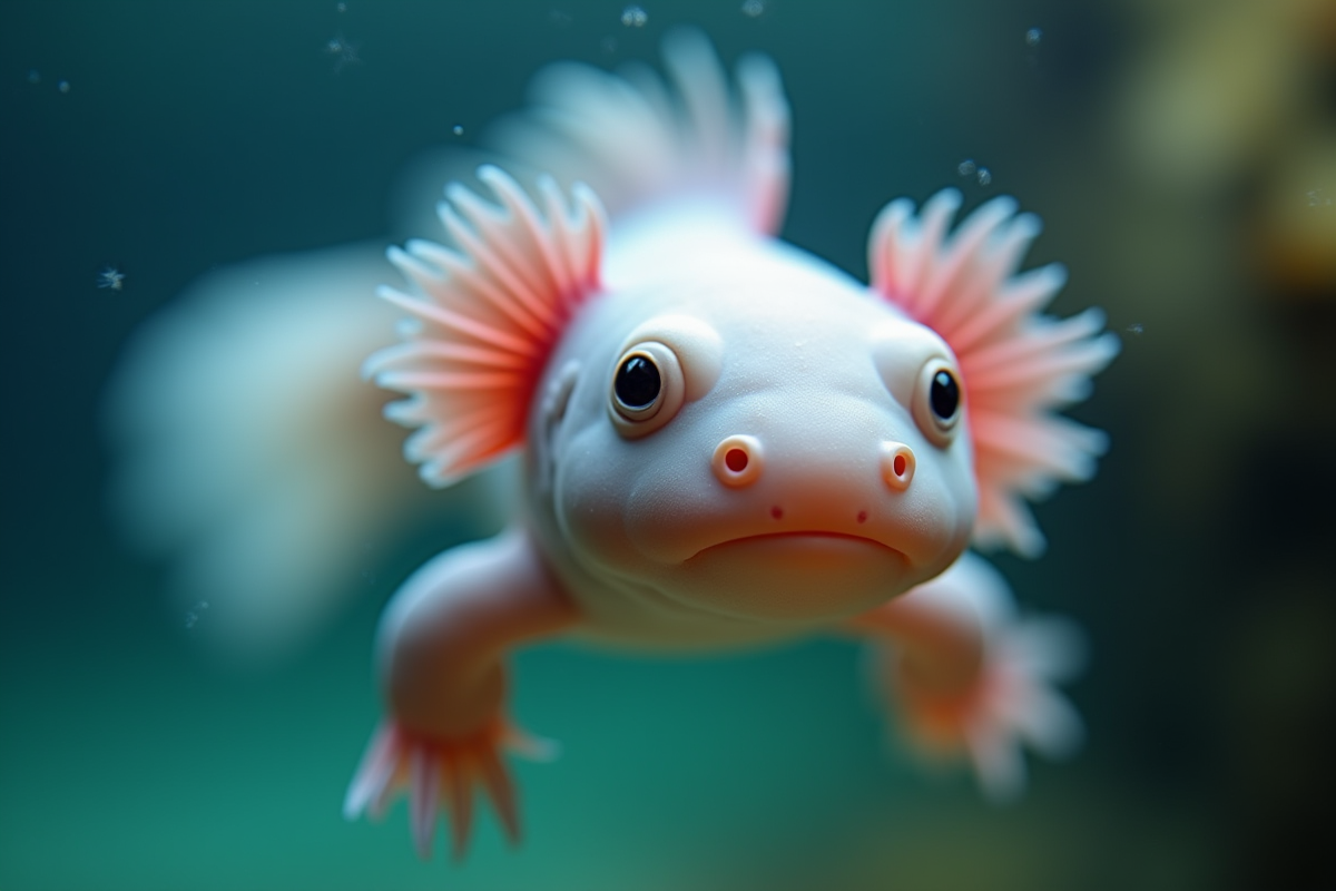 Axolotl nageant dans une eau cristalline avec lumière naturelle