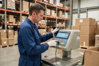 Ouvrier en entrepôt lisant une balance industrielle affichant un poids en kilogrammes, conversion kg en tonne