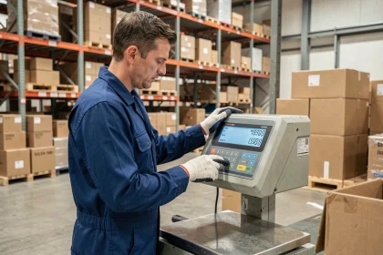 Ouvrier en entrepôt lisant une balance industrielle affichant un poids en kilogrammes, conversion kg en tonne