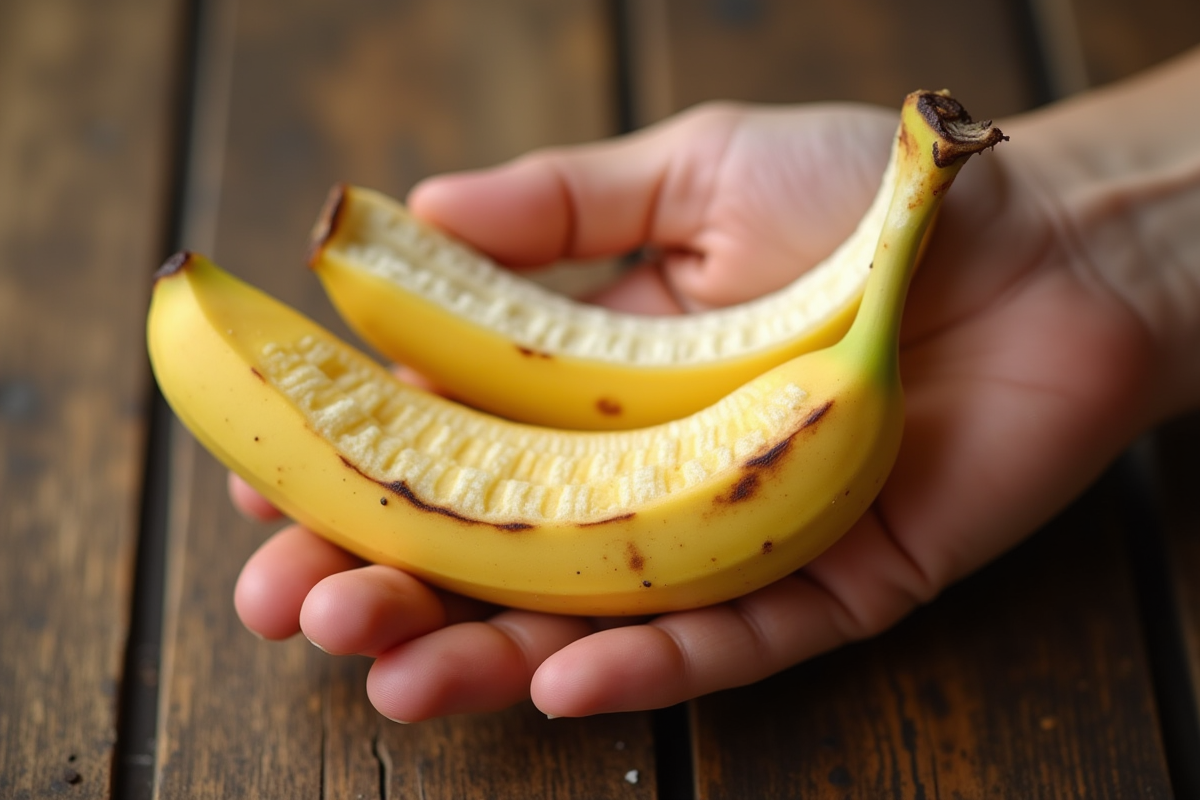 Banane pelée tenue dans la main sur table en bois rustique