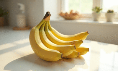 Bananes mûres sur un plan de travail blanc lumineux