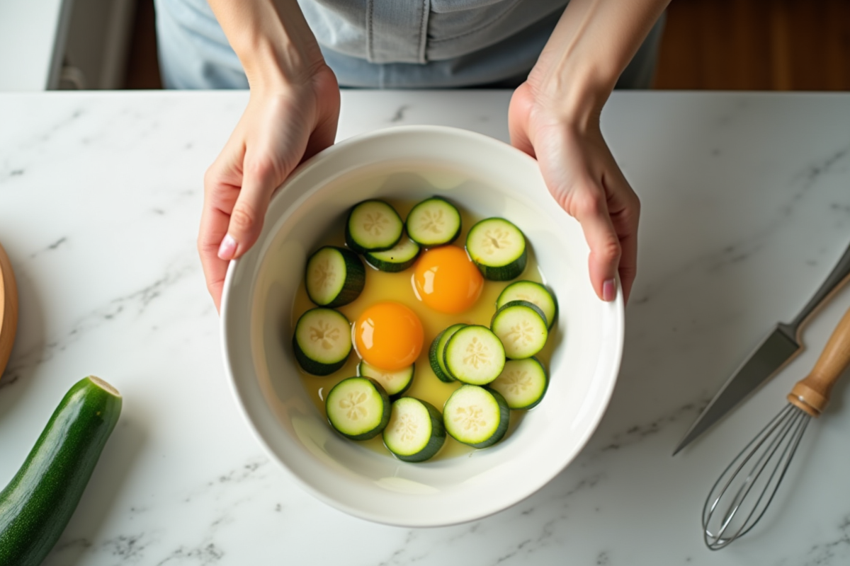 Mains battant des œufs et courgettes en cuisine moderne
