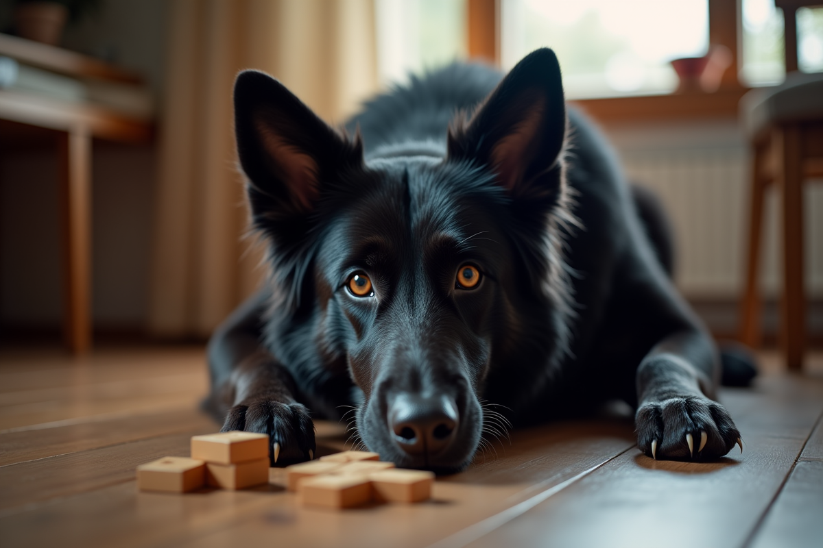 Chien berger allemand regardant un puzzle en intérieur