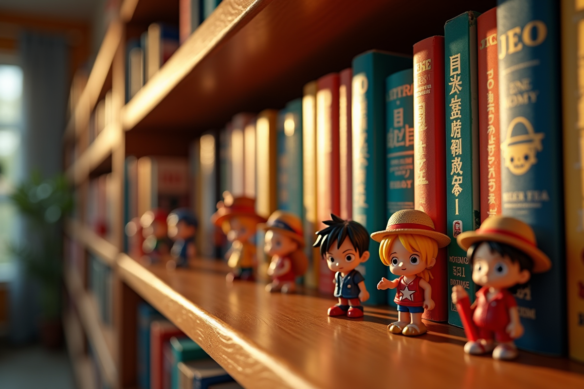 Bibliothèque colorée avec figurines One Piece et livres