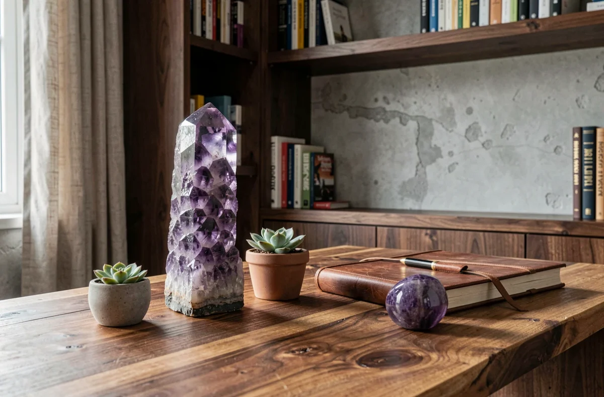 Bureau décoré selon le feng shui avec une pierre violette améthyste brute posée dans le coin prospérité