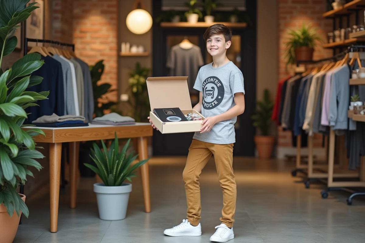 Adolescent de 16 ans tenant une boîte cadeau créative dans une boutique lifestyle tendance