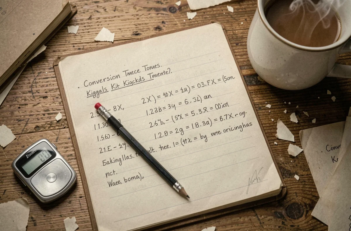 Vue aérienne d'un bureau avec cahier de calculs manuscrits de conversion kilogrammes et tonnes