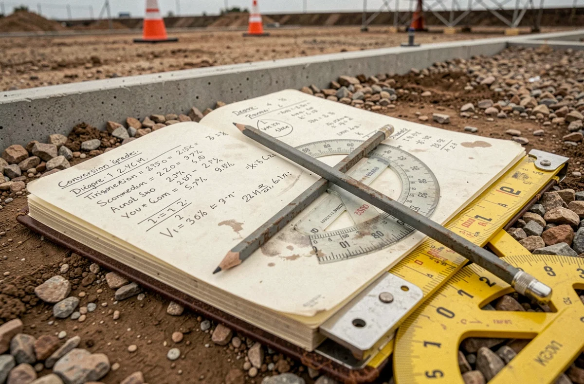 Carnet de terrain avec des notes manuscrites de conversion de degrés en pourcentage posé sur un chantier avec rapporteur et mètre ruban