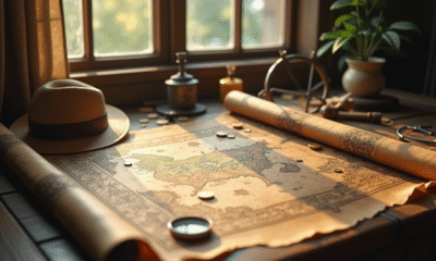 Carte au trésor pirate déroulée sur une table en bois