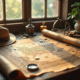 Carte au trésor pirate déroulée sur une table en bois
