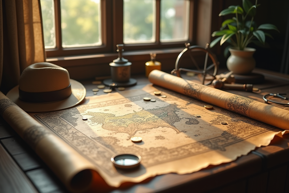Carte au trésor pirate déroulée sur une table en bois