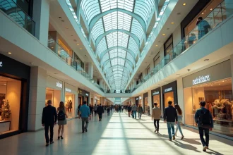 Intérieur du centre commercial de la Tour Montparnasse à Paris avec ses galeries marchandes animées et ses boutiques