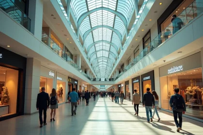 Intérieur du centre commercial de la Tour Montparnasse à Paris avec ses galeries marchandes animées et ses boutiques