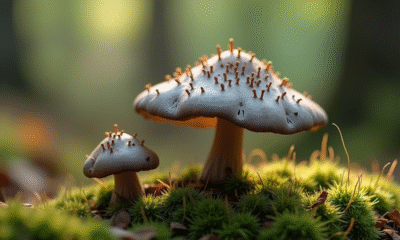 Champignons chanterelle gris sur sol forestier humide