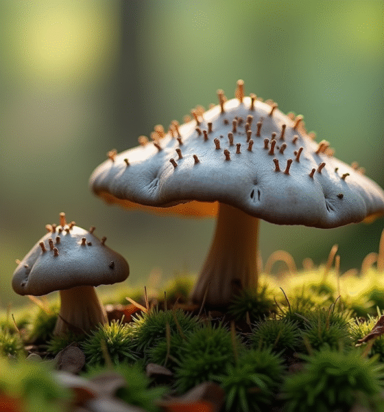 Champignons chanterelle gris sur sol forestier humide