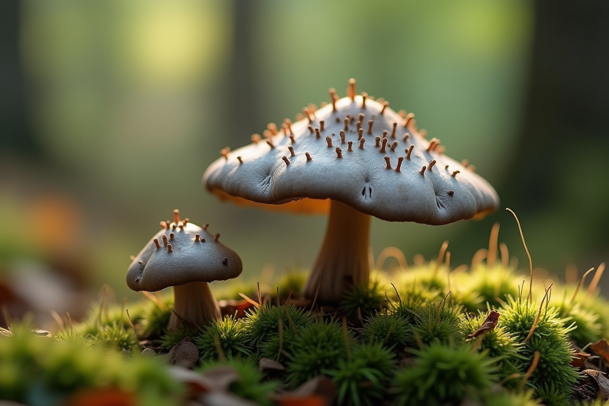 Champignons chanterelle gris sur sol forestier humide