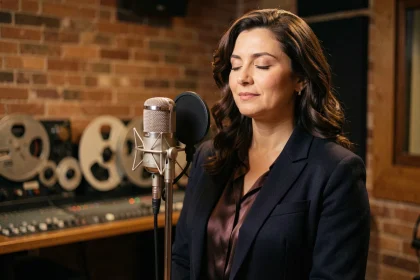 Chanteuse professionnelle devant un microphone vintage en studio d'enregistrement, illustrant les artistes incontournables de la musique en 2026