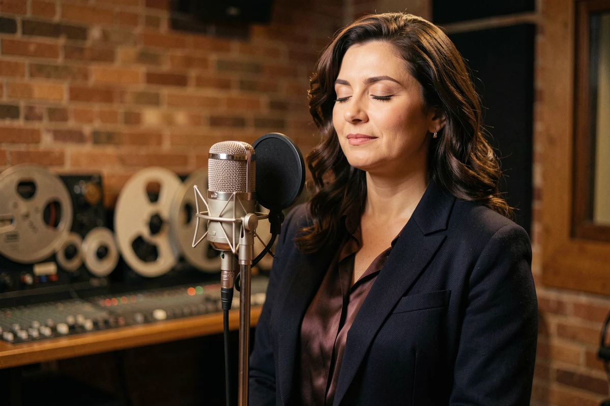 Chanteuse professionnelle devant un microphone vintage en studio d'enregistrement, illustrant les artistes incontournables de la musique en 2026