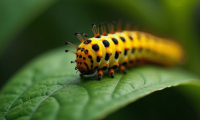 Chenille jaune et noire sur une feuille verte en macro