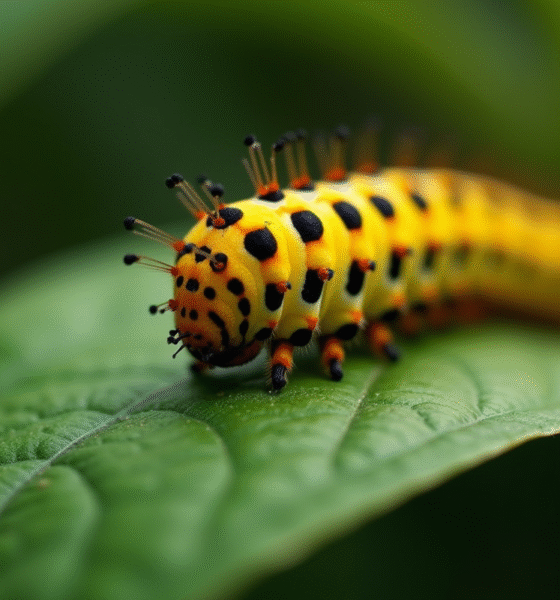 Chenille jaune et noire sur une feuille verte en macro