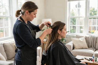Coiffeuse en train de couper les cheveux d'une cliente dans son salon