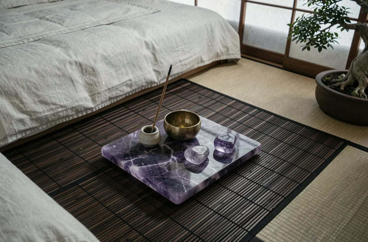 Coin méditation feng shui avec pierre violette améthyste et accessoires en bois dans une chambre apaisante