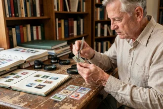 Collectionneur examinant un timbre rare français avec des pinces philatéliques sur un bureau en chêne entouré de catalogues