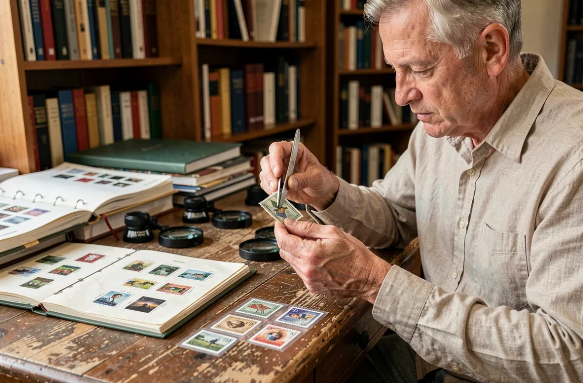 Collectionneur examinant un timbre rare français avec des pinces philatéliques sur un bureau en chêne entouré de catalogues