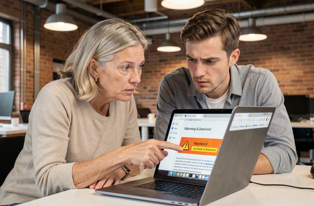 Deux collègues analysant un avertissement de sécurité sur un site de streaming dans un espace de coworking