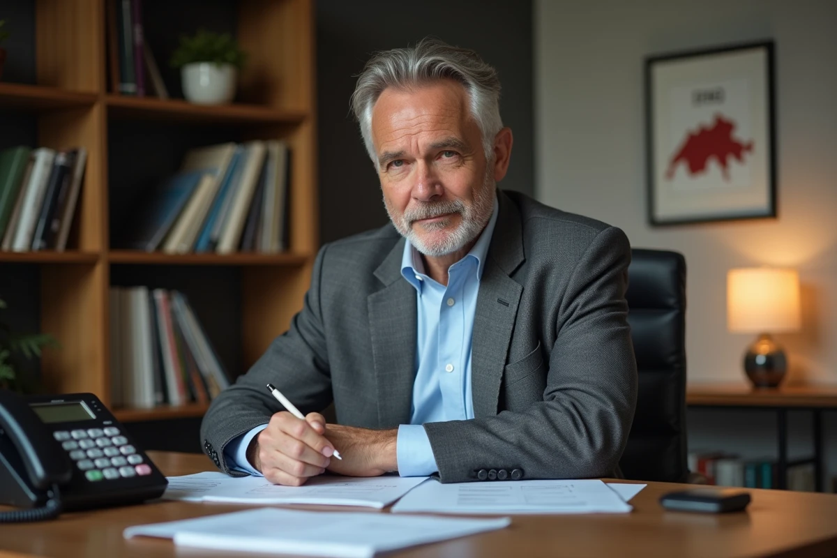 Comptable à son bureau avec documents fiscaux et carte Suisse