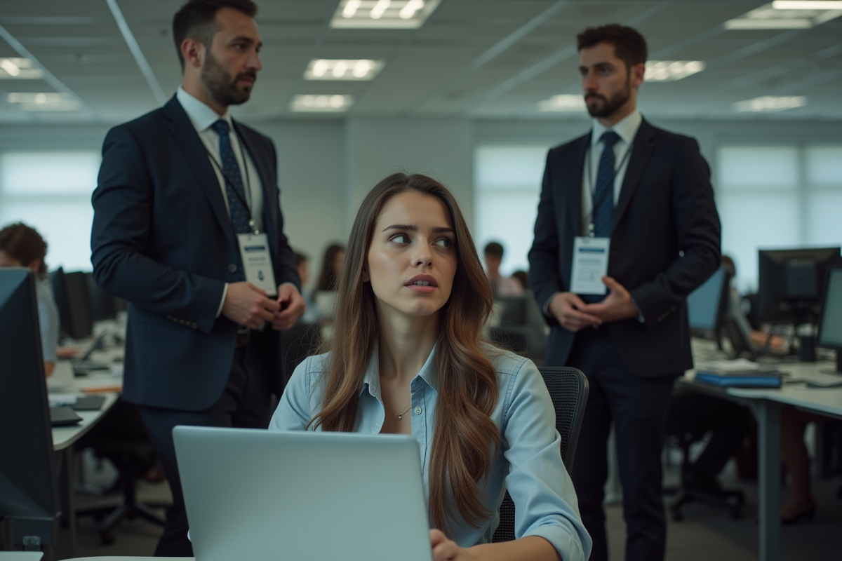 Jeune comptable face aux inspecteurs URSSAF au coworking