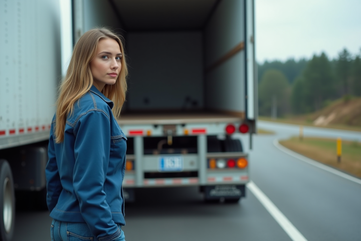 Jeune femme ouvrant la porte d’un camion long en zone de repos